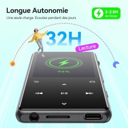Agptek 128go mp3 bleutooth 5.4 avec haut-parleur, 2.4" grand écran lecteur mp3 sport en métal son hifi sans perte lecteur de mus