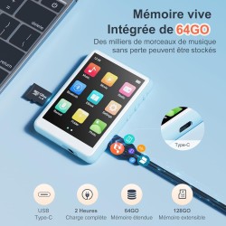 Lecteur mp3 bleutooth 5.3, mechen 2.4" tactile baladeur 64go numérique lecteur musique hifi audio usb sport avec radio fm haut-p