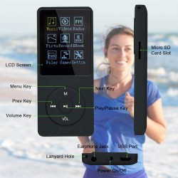 8 Go/16 Go Lecteur de Musique MP3 Portable, Prend en Charge jusqu'à 64 Go de Carte mémoire SD, Son sans Perte, Lecteur MP3 HiFi,