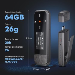 64go lecteur mp3 usb c portable bleutooth 5.3, type-c mini clip sport mp3 musique sans perte hifi avec enregistrement en un clic