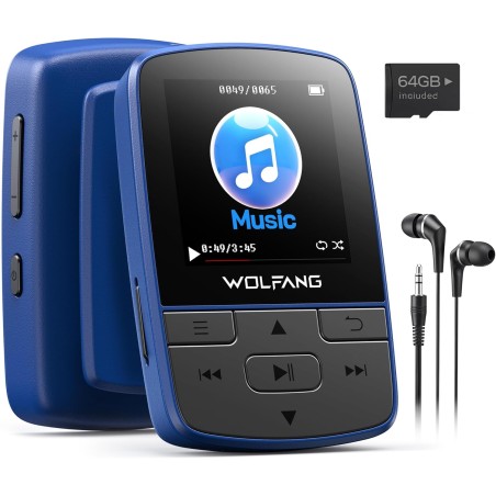 Wolfang lecteurs mp3 64 go avec bleutooth 5.2, clip sport, taille mini, poids 28,3 g, haut-parleur hifi, radio fm, enregistreur 