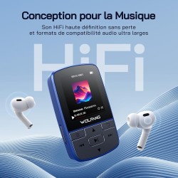 Wolfang lecteurs mp3 64 go avec bleutooth 5.2, clip sport, taille mini, poids 28,3 g, haut-parleur hifi, radio fm, enregistreur 