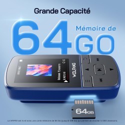 Wolfang lecteurs mp3 64 go avec bleutooth 5.2, clip sport, taille mini, poids 28,3 g, haut-parleur hifi, radio fm, enregistreur 