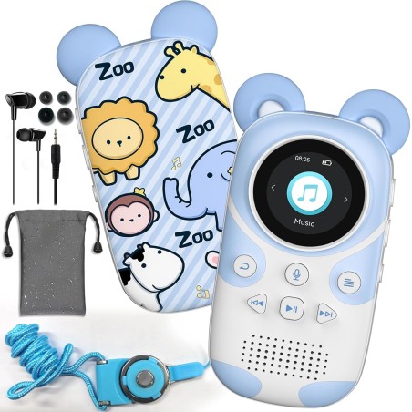 64gb lecteur mp3 enfants bleutooth 5.3 avec écouteurs haut-parleur prend en charge la radio fm, le réveil, l'enregistrement sur 
