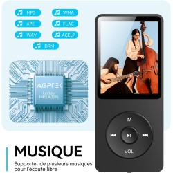 AGPTEK 64Go Lecteur MP3 Classique, Ultra-Longue Autonomie jusqu'à 70 Heures, Super Léger 30g, Lecture Musique sans Perte Hi-Fi, 