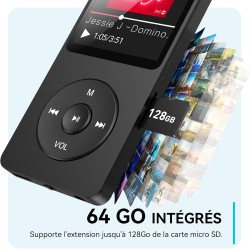 AGPTEK 64Go Lecteur MP3 Classique, Ultra-Longue Autonomie jusqu'à 70 Heures, Super Léger 30g, Lecture Musique sans Perte Hi-Fi, 