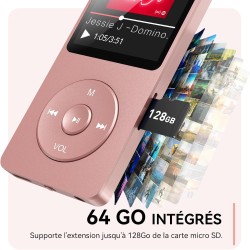 AGPTEK 64Go Lecteur MP3 Classique, Ultra-Longue Autonomie jusqu'à 70 Heures, Super Léger 30g, Lecture Musique sans Perte Hi-Fi, 