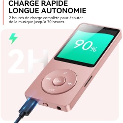AGPTEK 64Go Lecteur MP3 Classique, Ultra-Longue Autonomie jusqu'à 70 Heures, Super Léger 30g, Lecture Musique sans Perte Hi-Fi, 