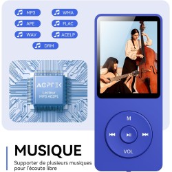 AGPTEK 64Go Lecteur MP3 Classique, Ultra-Longue Autonomie jusqu'à 70 Heures, Super Léger 30g, Lecture Musique sans Perte Hi-Fi, 