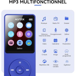 AGPTEK 64Go Lecteur MP3 Classique, Ultra-Longue Autonomie jusqu'à 70 Heures, Super Léger 30g, Lecture Musique sans Perte Hi-Fi, 