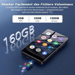 Lecteur mp3 160 go, écran tactile 4,02", lecteur mp3 bleutooth et wi-fi, lecteur mp4 android 13.0, lecteur de musique portable, 