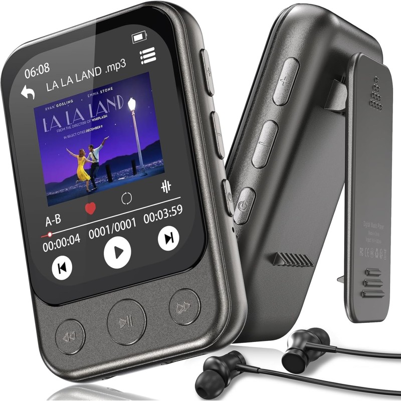 64gb lecteur mp3 bleutooth 5.3 avec clip & haut-parleur, lecteur de musique sport avec écran tactile et boutons, contrôle de vol