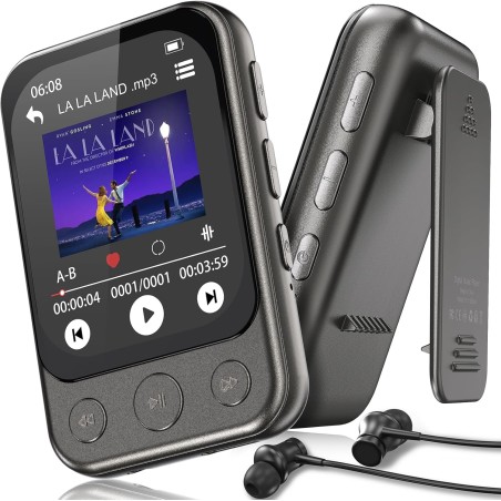 64gb lecteur mp3 bleutooth 5.3 avec clip & haut-parleur, lecteur de musique sport avec écran tactile et boutons, contrôle de vol