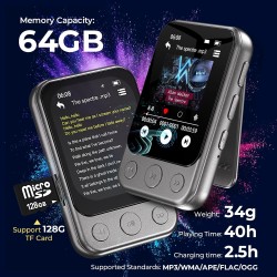 64gb lecteur mp3 bleutooth 5.3 avec clip & haut-parleur, lecteur de musique sport avec écran tactile et boutons, contrôle de vol