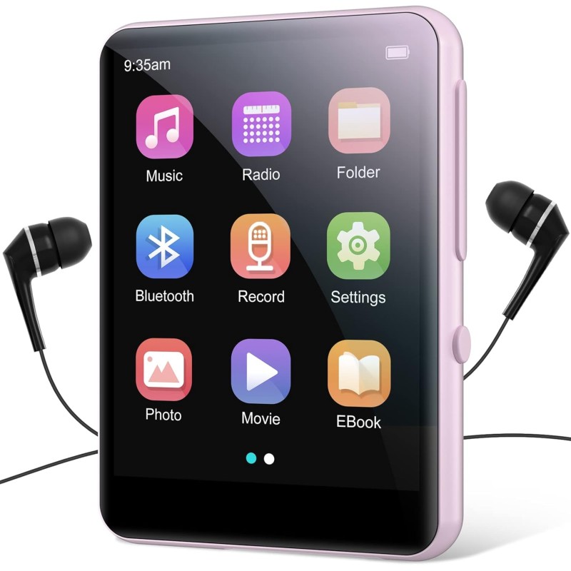 64go lecteur mp3 bleutooth 5.0 avec 2.4" tactile baladeur lecteur musical son hifi avec bouton de volume/enregistrement vocal/ra