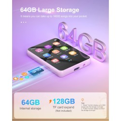 64go lecteur mp3 bleutooth 5.0 avec 2.4" tactile baladeur lecteur musical son hifi avec bouton de volume/enregistrement vocal/ra