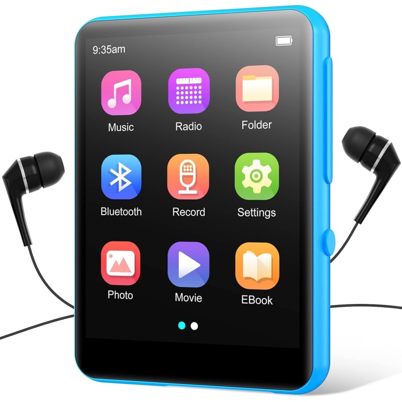 64go lecteur mp3 bleutooth 5.0, 2.4" ecran tactile complet, haut-parleur intégré, qualité sonore hifi, e-book, réveil, radio fm,
