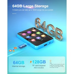 64go lecteur mp3 bleutooth 5.0, 2.4" ecran tactile complet, haut-parleur intégré, qualité sonore hifi, e-book, réveil, radio fm,
