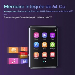 64go lecteur mp3 avec bleutooth 5.3, lecteur audio sans perte hifi avec haut-parleur, 2.4 in ecran tactile complet, radio fm, li