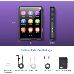 64go lecteur mp3 avec bleutooth 5.3, lecteur audio sans perte hifi avec haut-parleur, 2.4 in ecran tactile complet, radio fm, li