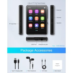 Lecteur mp3 64 go bleutooth 5.3, lecteur de musique hifi sans perte avec haut-parleur, enregistreur vocal, radio fm, corps mp3 e