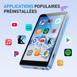 Agptek 96go mp4 bleutooth wifi, android 14 lecteur musique spotify 3g ram fluide écran 4'' hd 1080p, baladeur mp3 avec haut-parl