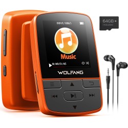 Wolfang lecteurs mp3 64 go avec bleutooth 5.2, clip sport, taille mini, poids 28,3 g, radio fm hif, enregistreur vocal, écouteur