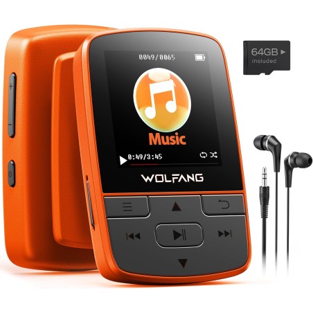Wolfang lecteurs mp3 64 go avec bleutooth 5.2, clip sport, taille mini, poids 28,3 g, radio fm hif, enregistreur vocal, écouteur