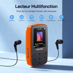 Wolfang lecteurs mp3 64 go avec bleutooth 5.2, clip sport, taille mini, poids 28,3 g, radio fm hif, enregistreur vocal, écouteur