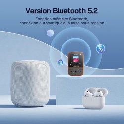 Wolfang lecteurs mp3 64 go avec bleutooth 5.2, clip sport, taille mini, poids 28,3 g, radio fm hif, enregistreur vocal, écouteur