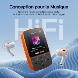 Wolfang lecteurs mp3 64 go avec bleutooth 5.2, clip sport, taille mini, poids 28,3 g, radio fm hif, enregistreur vocal, écouteur