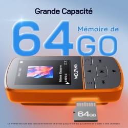 Wolfang lecteurs mp3 64 go avec bleutooth 5.2, clip sport, taille mini, poids 28,3 g, radio fm hif, enregistreur vocal, écouteur