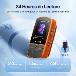 Wolfang lecteurs mp3 64 go avec bleutooth 5.2, clip sport, taille mini, poids 28,3 g, radio fm hif, enregistreur vocal, écouteur