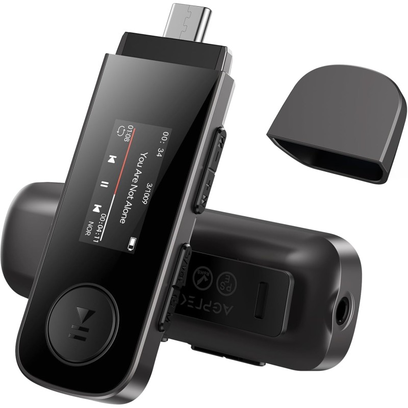 Agptek 64go lecteur mp3 usb c avec bleutooth 5.3 & clip sport, mini type-c mp3 musique sans perte hifi avec radio fm/enregistreu