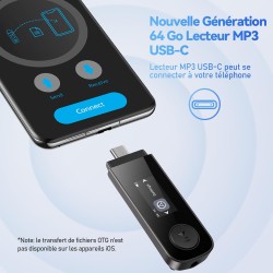 Agptek 64go lecteur mp3 usb c avec bleutooth 5.3 & clip sport, mini type-c mp3 musique sans perte hifi avec radio fm/enregistreu