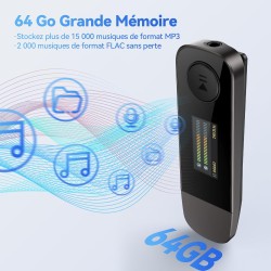 Agptek 64go lecteur mp3 usb c avec bleutooth 5.3 & clip sport, mini type-c mp3 musique sans perte hifi avec radio fm/enregistreu