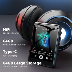 64go lecteur mp3 bleutooth 5.3, 2,4" tactile portable mp3 lecteur musique, hifi baladeur mp3 avec hautparleur vidéo/enregistreme