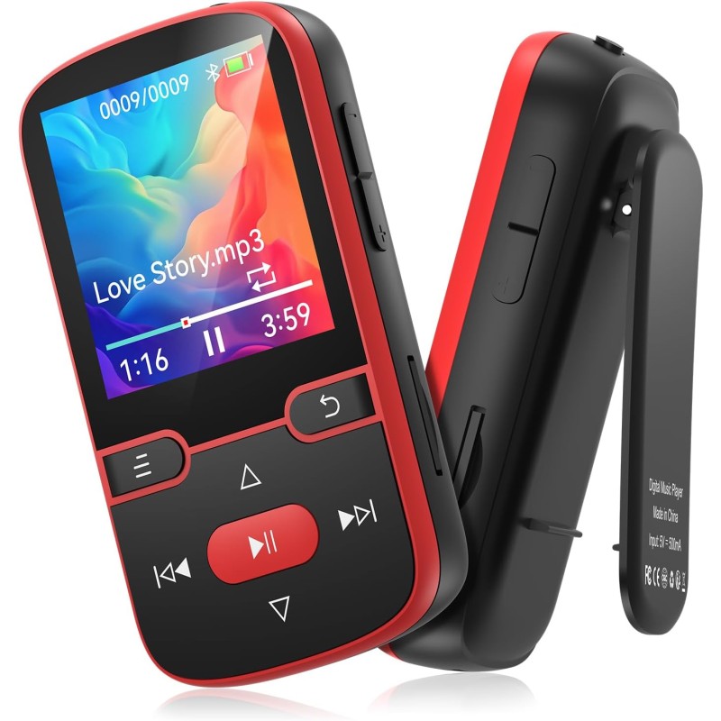 64go lecteur mp3 bleutooth 5.3 avec clip, hifi lecteur musique sport, 1,5 pouces écran baladeur mp3 avec boutons physiques, radi