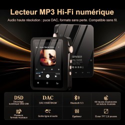 Lecteur mp3 fanvace hifi avec bleutooth 5.3, lecteur audio numérique haute résolution dsd sans perte, lecteur audio portable 64 