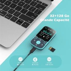 Agptek 32go lecteur mp3 bleutooth 5.3 avec clip, lecteur musique sport hifi,1,5 pouces baladeur mp3 avec bouton volume, radio fm