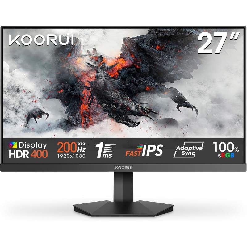 KOORUI G2711P Ecran PC Gamer 27 Pouces, 200Hz, Fast IPS FHD Ecran Gaming, 1ms, HDR400, Adaptive Sync, Compatible VESA 75 * 75mm,