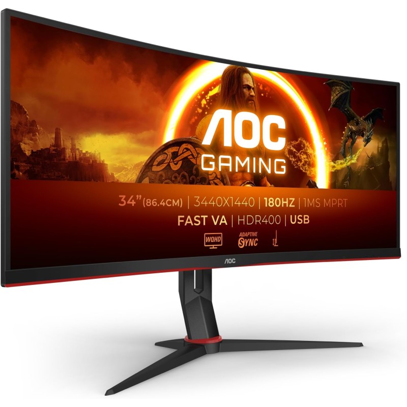 AOC Gaming CU34G2XPD - 34 Pouces WQHD Curved Monitor, 180Hz, 1ms, FreeSync Premium (3440x1440, HDMI, DisplayPort, USB Hub) Noir/