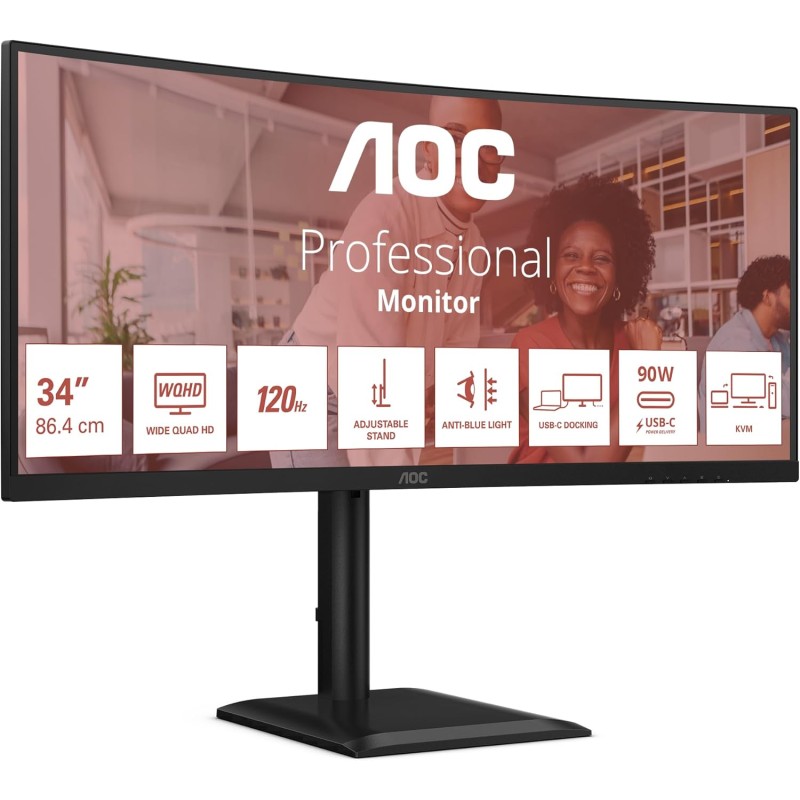 AOC WQHD CU34E4CV 34 Pouces Moniteur, 120 Hz, VA, 4 ms, synchronisation adaptative, HDR Ready/HDR10, réglage de la Hauteur, Haut