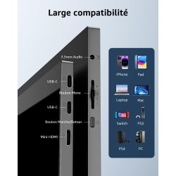 Yodoit Écran Portable 15.6", 1920 × 1080 FHD Moniteur avec Béquille IPS 100% SRGB Display HDMI USB Type C avec Haut-parleurs Int