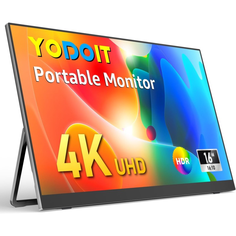 Yodoit Écran Portable 16" 4K, UHD Moniteur Portable 3840 × 2160 IPS Display HDMI USB Type C HDR Ecran avec Haut-parleurs Intégré