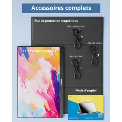 Yodoit Écran Portable 17,3", 1920 × 1080 FHD Moniteur Portable IPS 100% SRGB Display HDMI USB Type C Eye Care Ecran avec Haut-pa