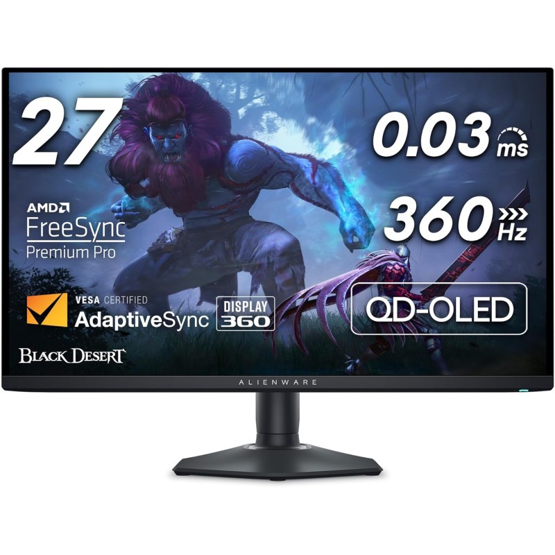 Alienware AW2725DF 27" QHD (2560x1440) Écran PC Gaming, 360Hz, QD OLED, 0.03ms, AMD FreeSync Premium Pro, 99.3% DCI-P3, HDR400, 