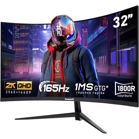 Gawfolk Écran PC 32 Pouces,2K WQHD(2560×1440P),165Hz incurvé Gaming Moniteur, 1ms sans Lunette, 100% sRGB，178 ° Angle Vue HDMI、D