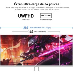 Gawfolk Écran PC IPS Ultra-Large de 34 Pouces，Moniteurs de Jeu 120Hz, 21:9 UWFHD (2560x1080), 128% sRGB, Synchronisation adaptat
