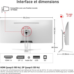 Gawfolk Écran PC IPS Ultra-Large de 34 Pouces，Moniteurs de Jeu 120Hz, 21:9 UWFHD (2560x1080), 128% sRGB, Synchronisation adaptat